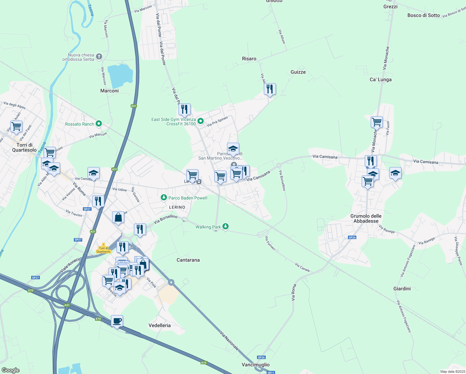 map of restaurants, bars, coffee shops, grocery stores, and more near 268 Via Camisana in Torri di Quartesolo