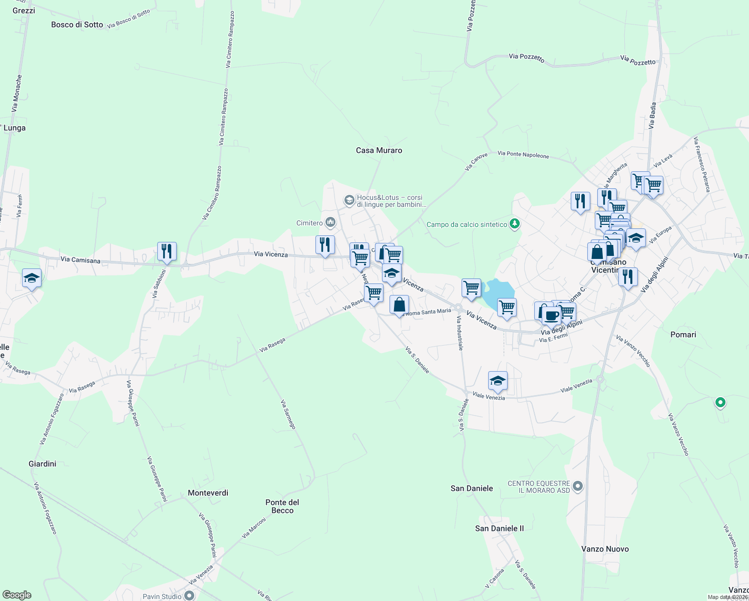 map of restaurants, bars, coffee shops, grocery stores, and more near 10 Via San Daniele in Camisano Vicentino