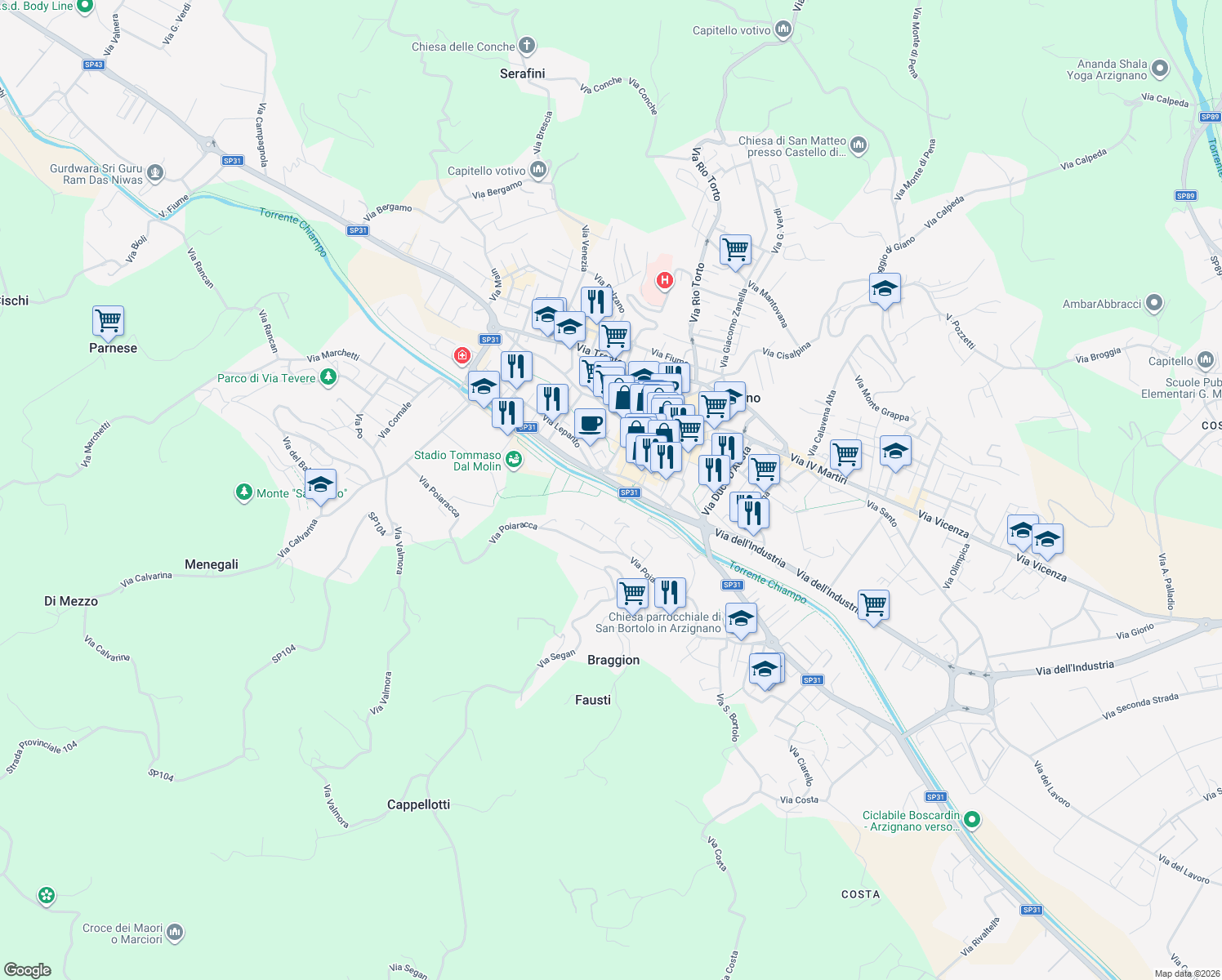 map of restaurants, bars, coffee shops, grocery stores, and more near 21 Via dei Mille in Arzignano