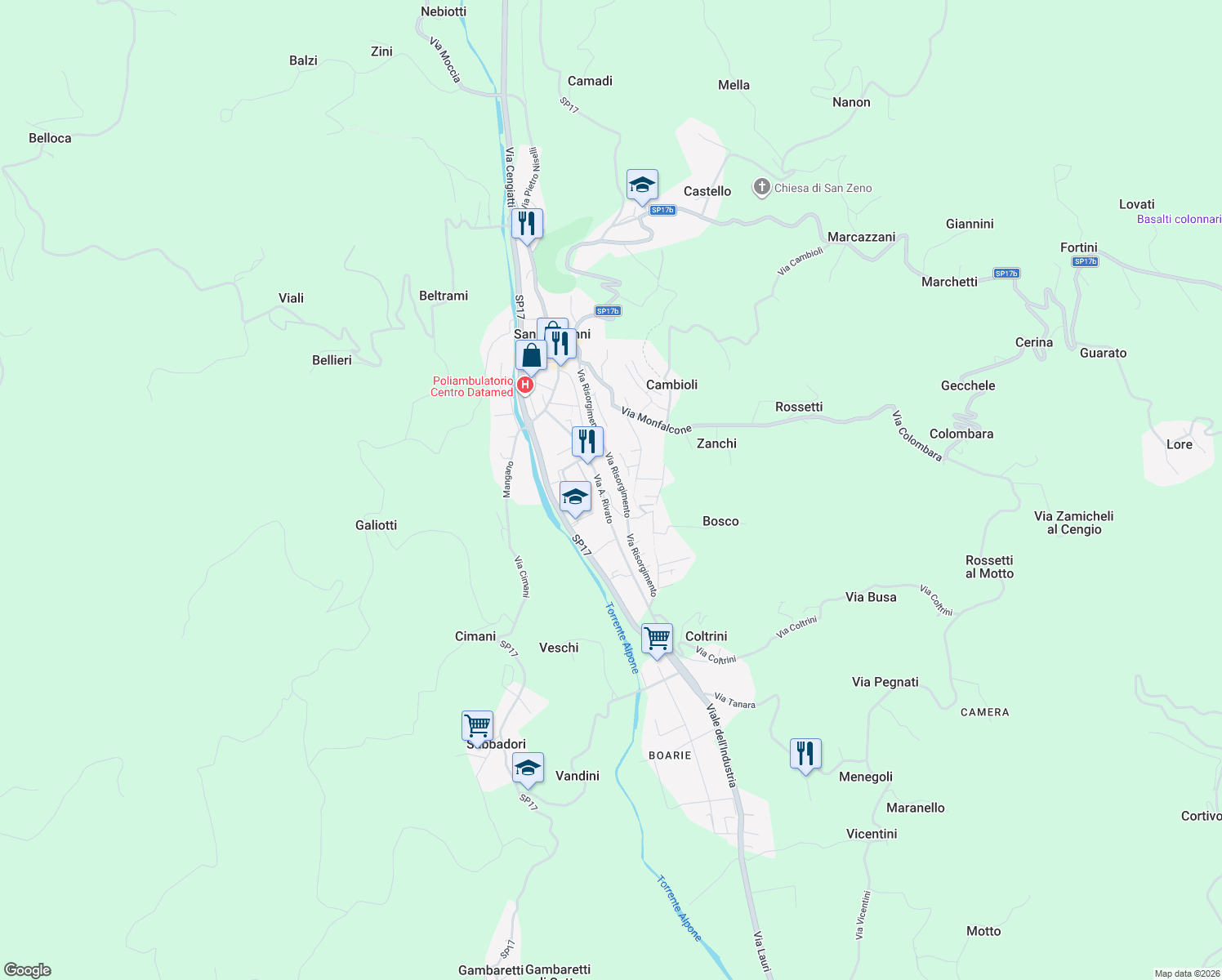 map of restaurants, bars, coffee shops, grocery stores, and more near 1 Via Zamicheli in San Giovanni Ilarione
