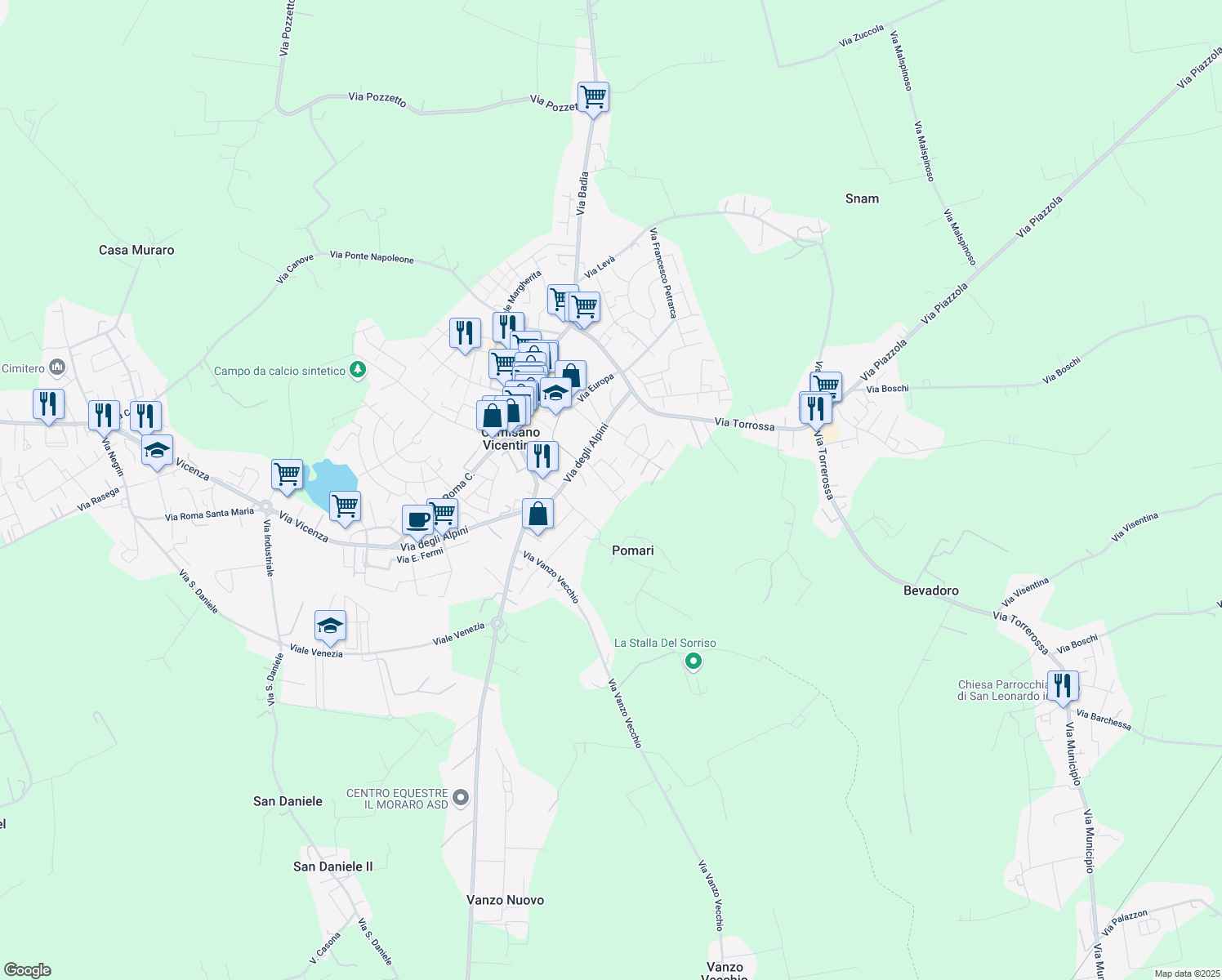 map of restaurants, bars, coffee shops, grocery stores, and more near 55 Via Grassi in Camisano Vicentino