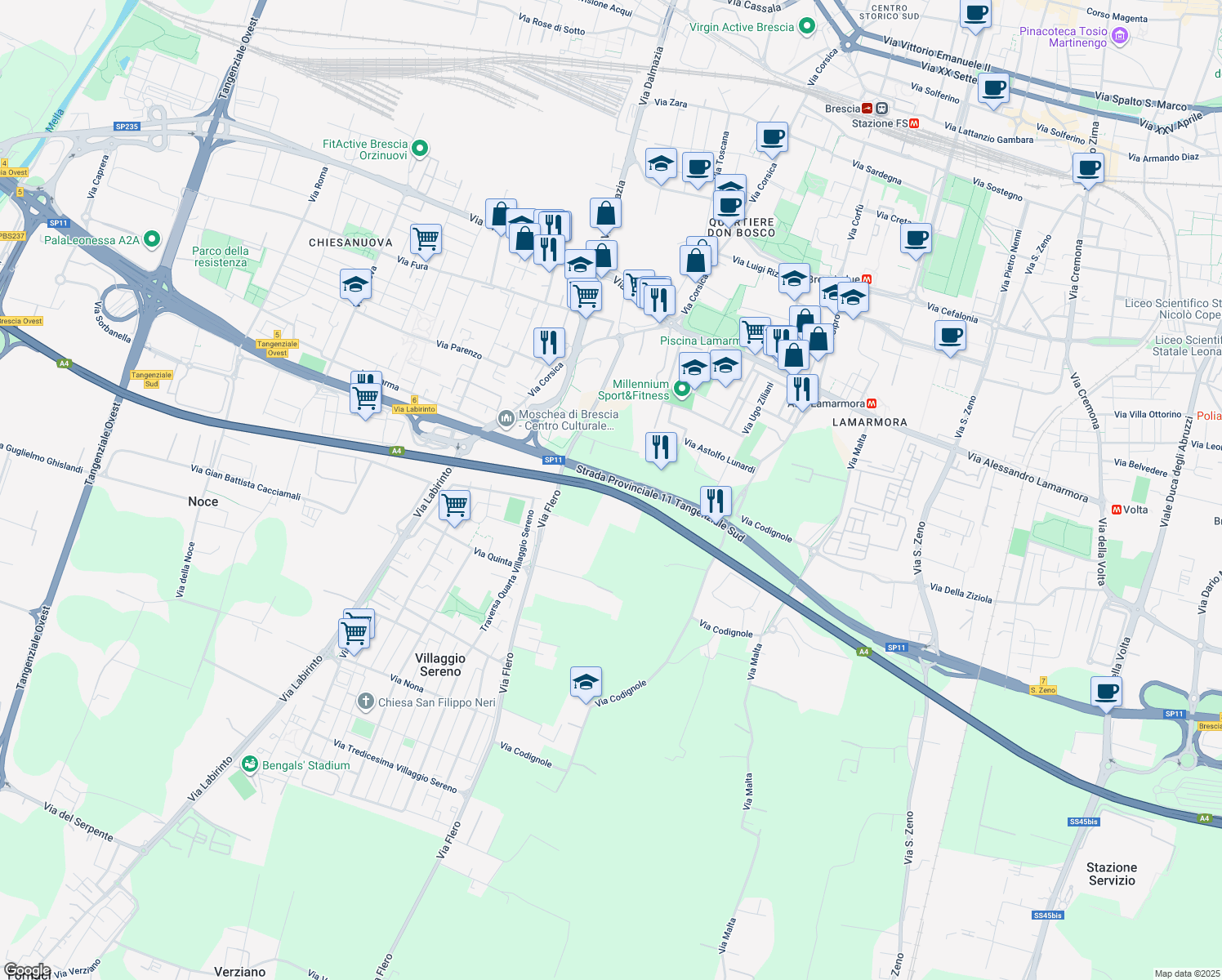 map of restaurants, bars, coffee shops, grocery stores, and more near Autostrada Serenissima in Brescia