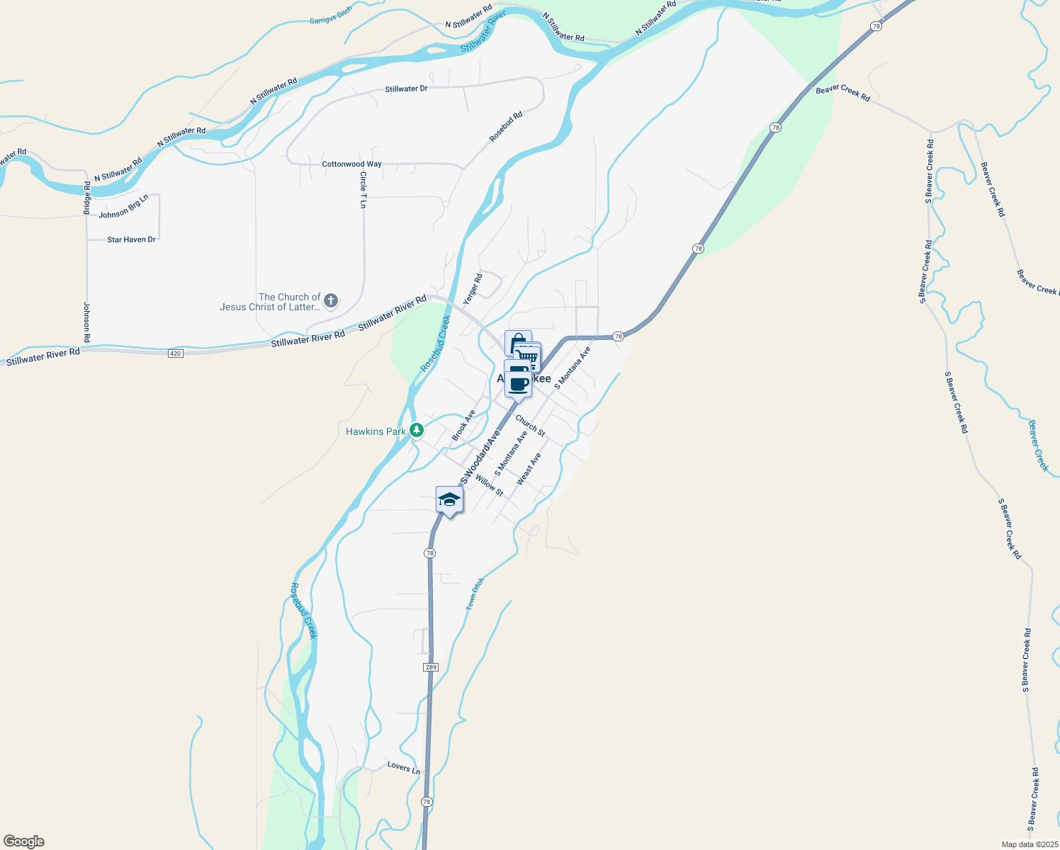 map of restaurants, bars, coffee shops, grocery stores, and more near 99 S Montana Ave in Absarokee