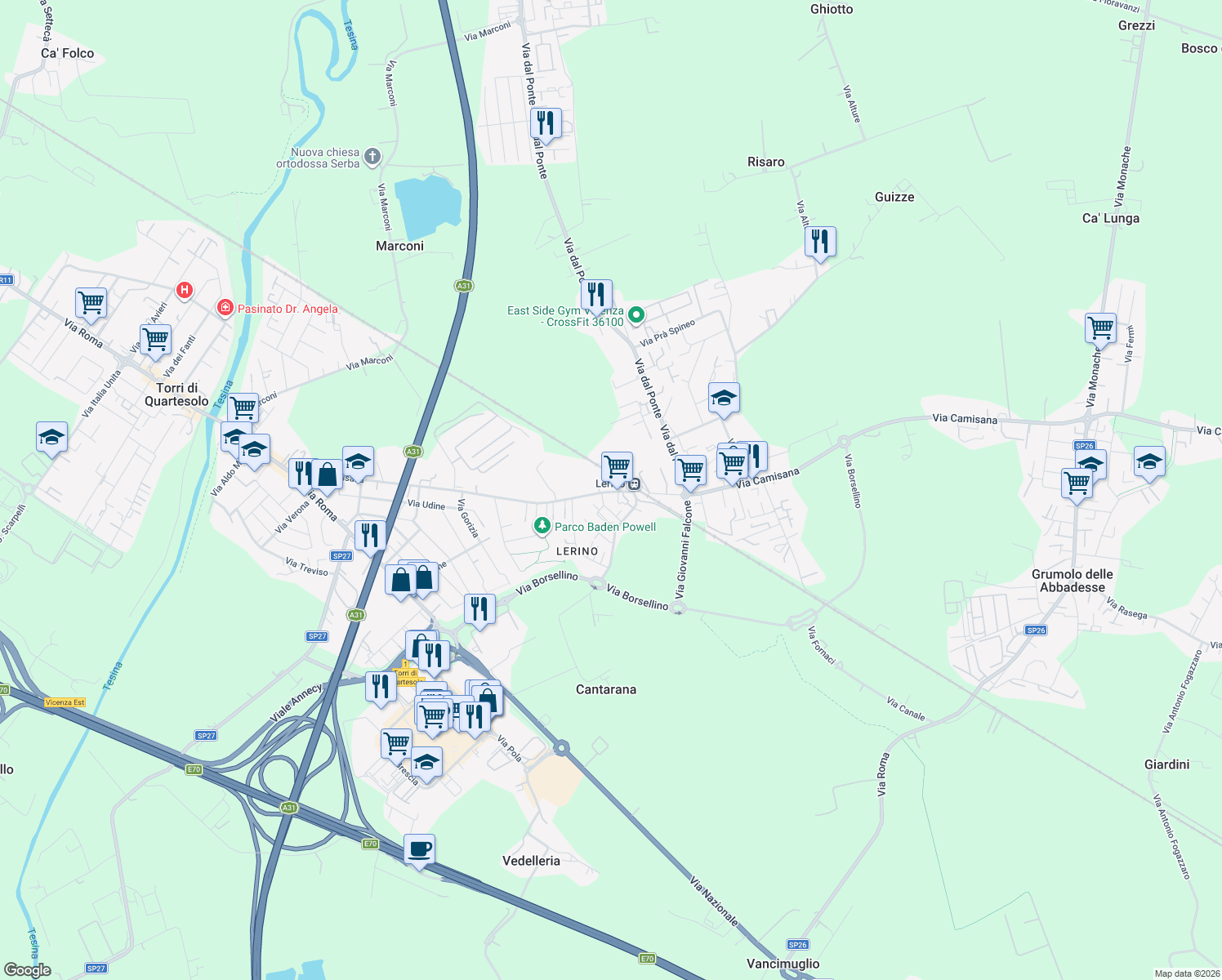 map of restaurants, bars, coffee shops, grocery stores, and more near 145 Via Camisana in Torri di Quartesolo