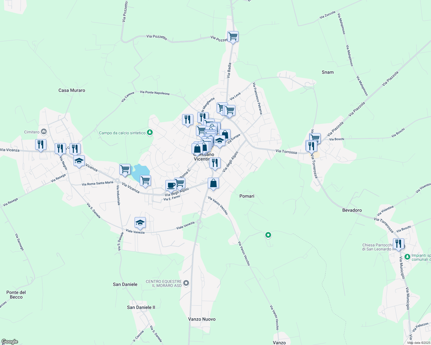 map of restaurants, bars, coffee shops, grocery stores, and more near 18 Via G. Garibaldi in Camisano Vicentino