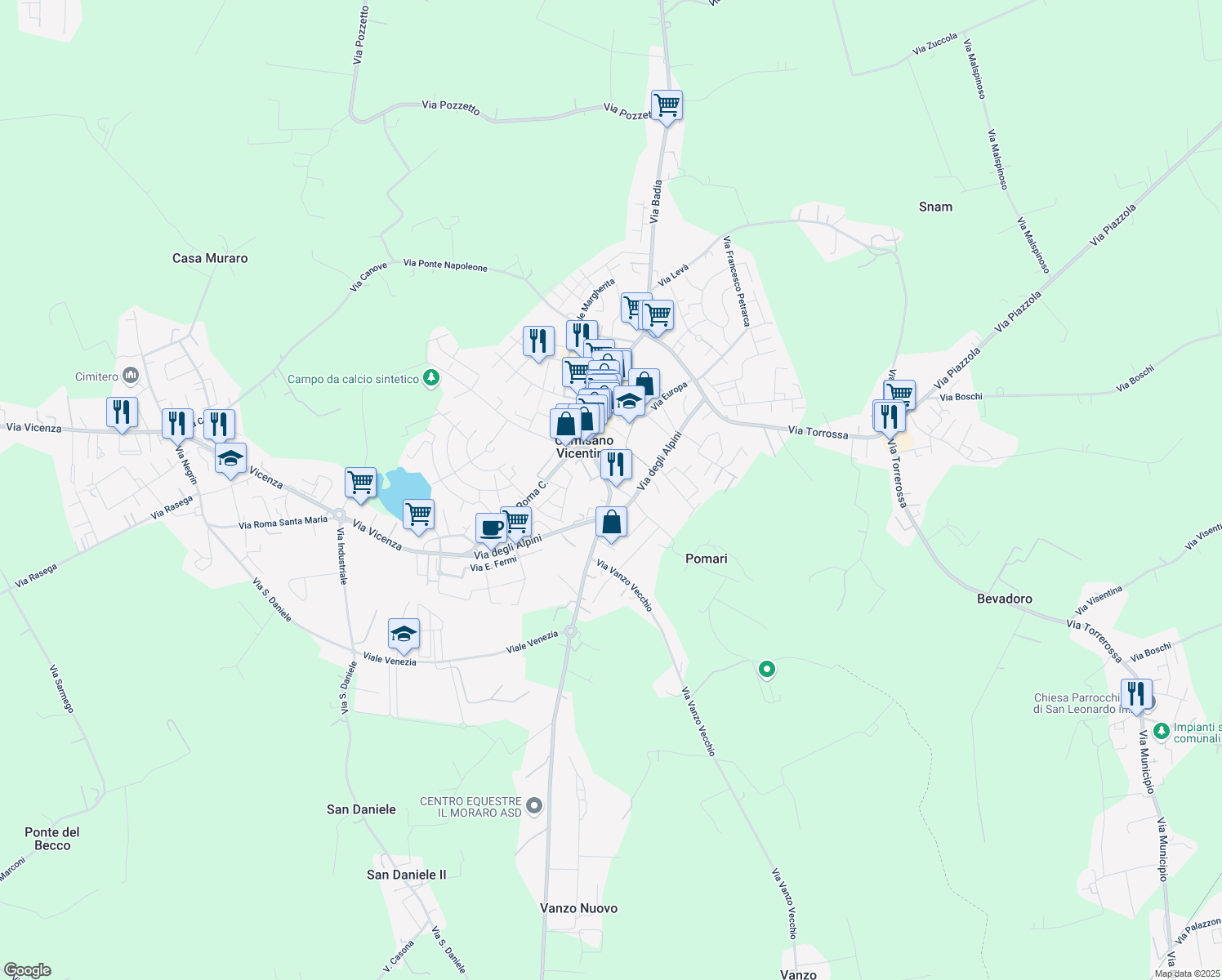 map of restaurants, bars, coffee shops, grocery stores, and more near 18 Via Giuseppe Garibaldi in Camisano Vicentino