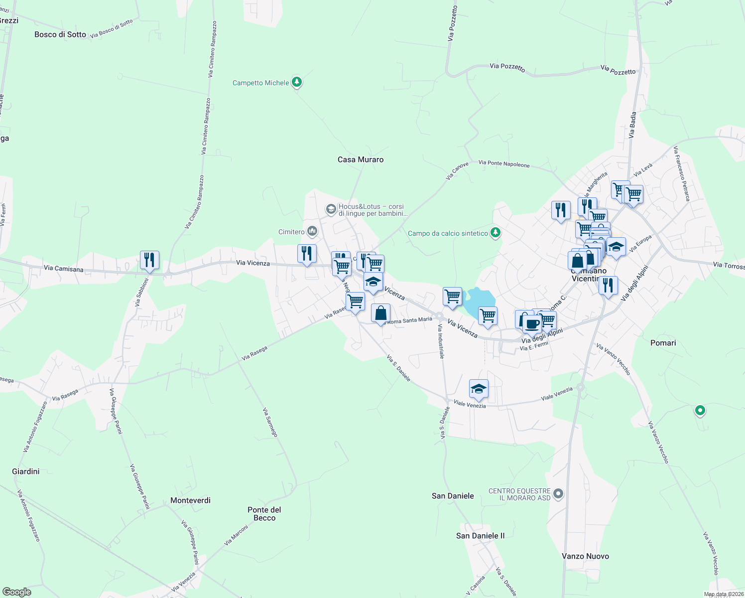 map of restaurants, bars, coffee shops, grocery stores, and more near 30 Via Perin Don Stefano in Camisano Vicentino