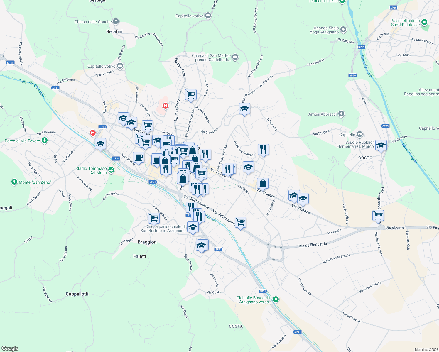 map of restaurants, bars, coffee shops, grocery stores, and more near 49 Via IV Martiri in Arzignano