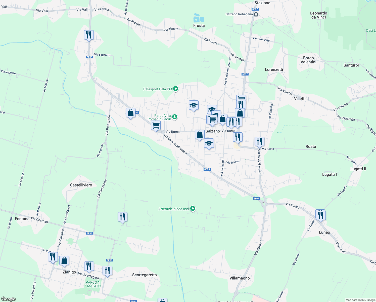 map of restaurants, bars, coffee shops, grocery stores, and more near 32 Via A. Diaz in Salzano
