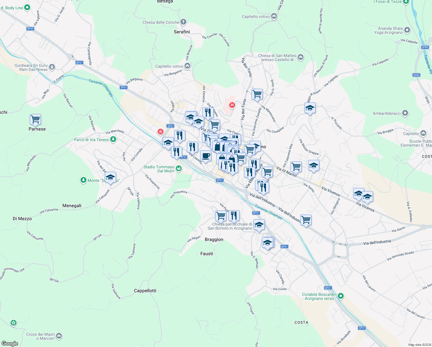 map of restaurants, bars, coffee shops, grocery stores, and more near 21 Via dei Mille in Arzignano