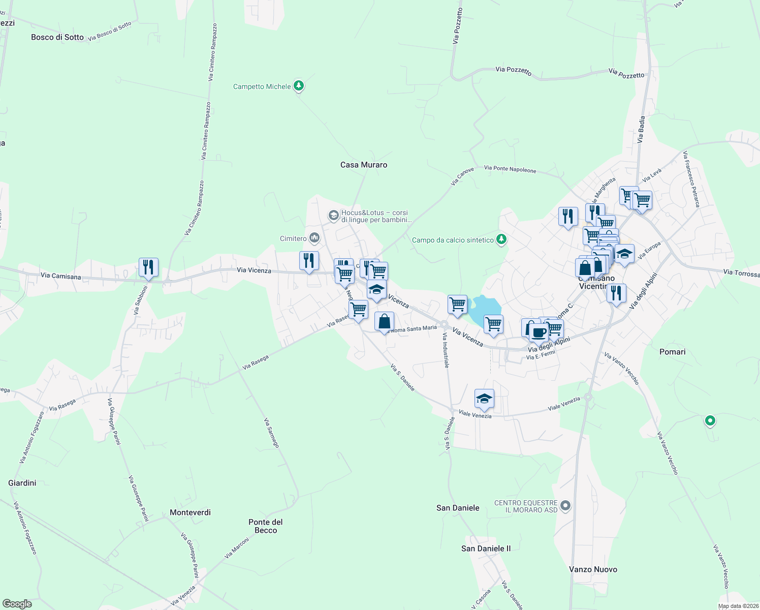 map of restaurants, bars, coffee shops, grocery stores, and more near 30 Via Perin Don Stefano in Camisano Vicentino