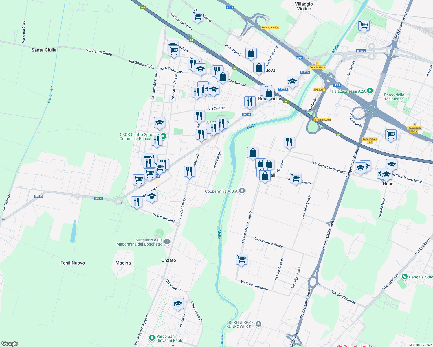 map of restaurants, bars, coffee shops, grocery stores, and more near 39P Via Redipuglia in Castel Mella
