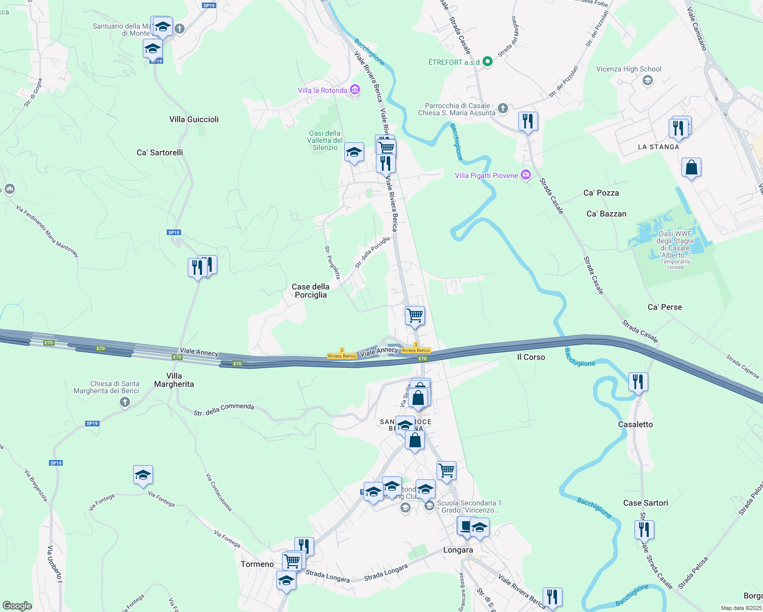 map of restaurants, bars, coffee shops, grocery stores, and more near Strada della Porciglia in Vicenza