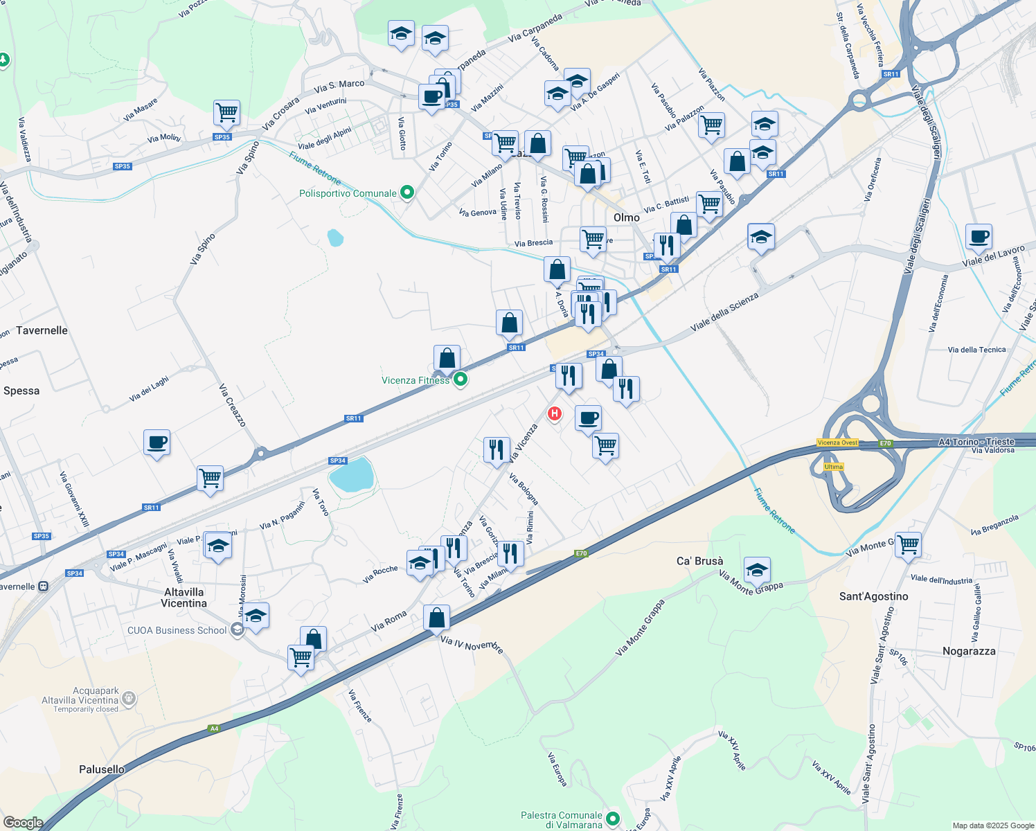 map of restaurants, bars, coffee shops, grocery stores, and more near 20 Via Trieste in Altavilla Vicentina
