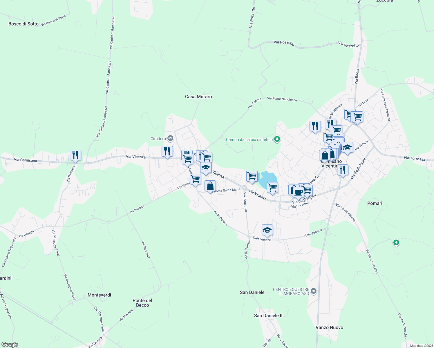 map of restaurants, bars, coffee shops, grocery stores, and more near 52 Via Vicenza in Camisano Vicentino