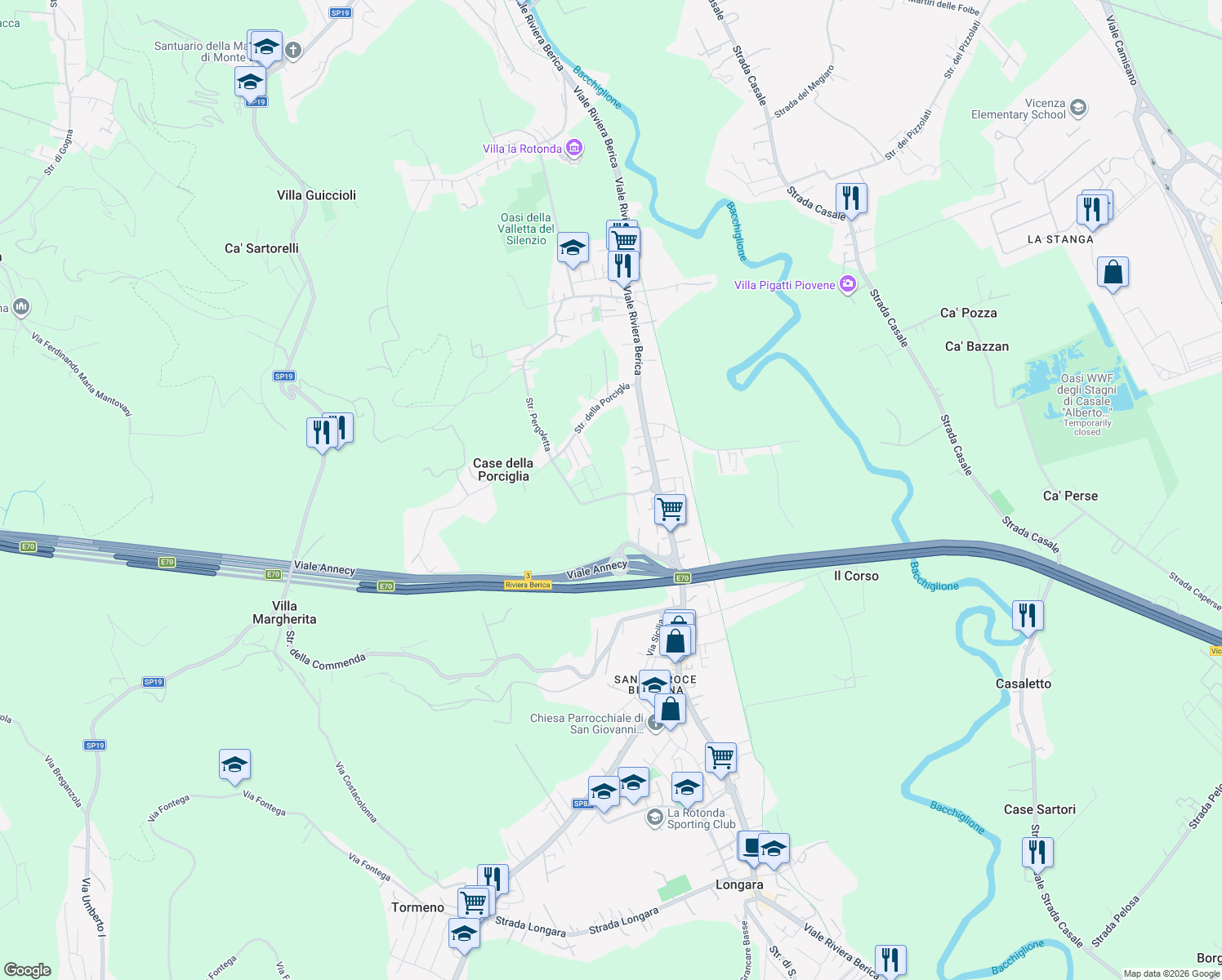 map of restaurants, bars, coffee shops, grocery stores, and more near Strada della Porciglia in Vicenza