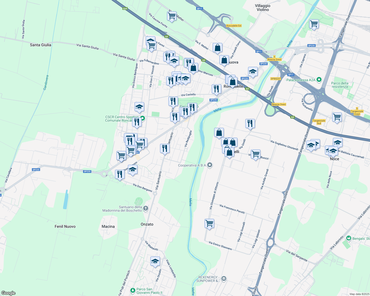 map of restaurants, bars, coffee shops, grocery stores, and more near 39P Via Redipuglia in Castel Mella