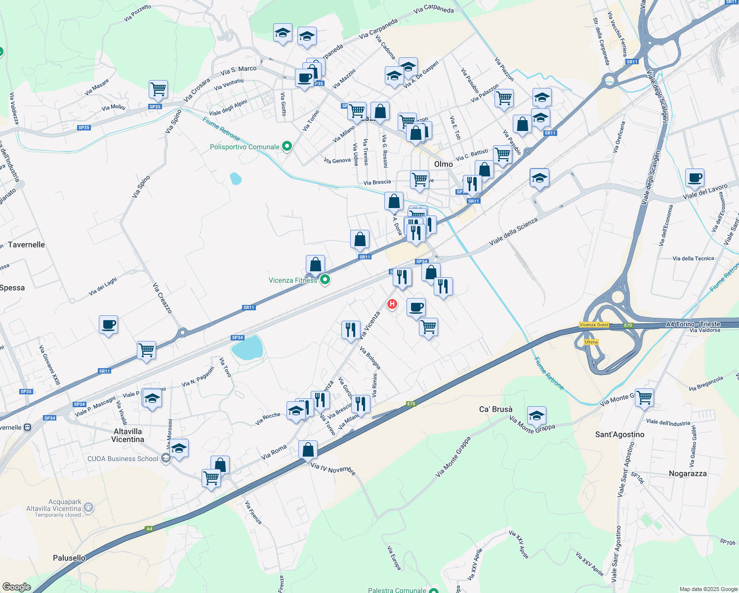 map of restaurants, bars, coffee shops, grocery stores, and more near 20 Via Trieste in Altavilla Vicentina