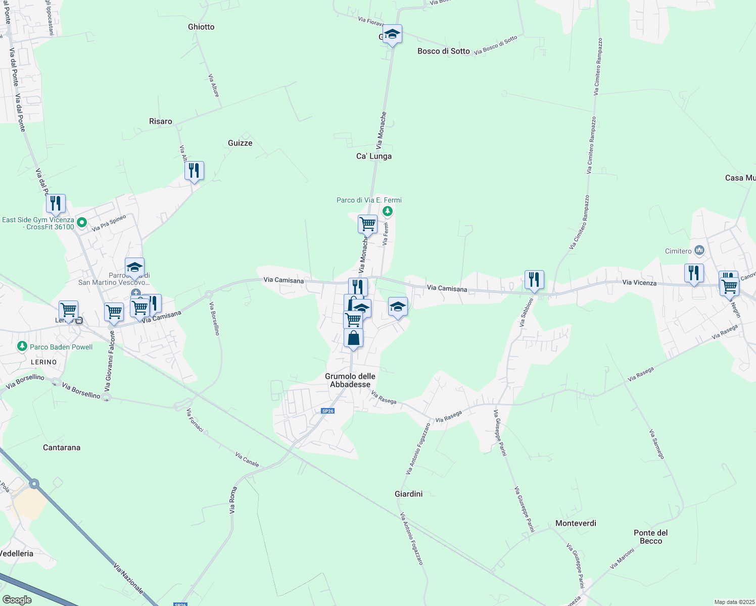 map of restaurants, bars, coffee shops, grocery stores, and more near 6 Via Santa Scolastica in Grumolo delle Abbadesse