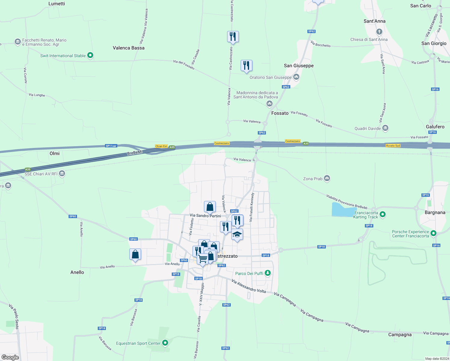 map of restaurants, bars, coffee shops, grocery stores, and more near Via Valenca in Castrezzato