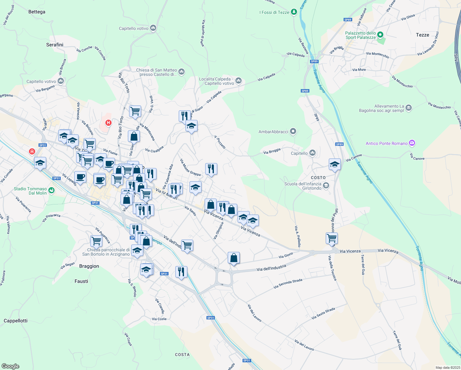 map of restaurants, bars, coffee shops, grocery stores, and more near 17 Via Moretto in Arzignano