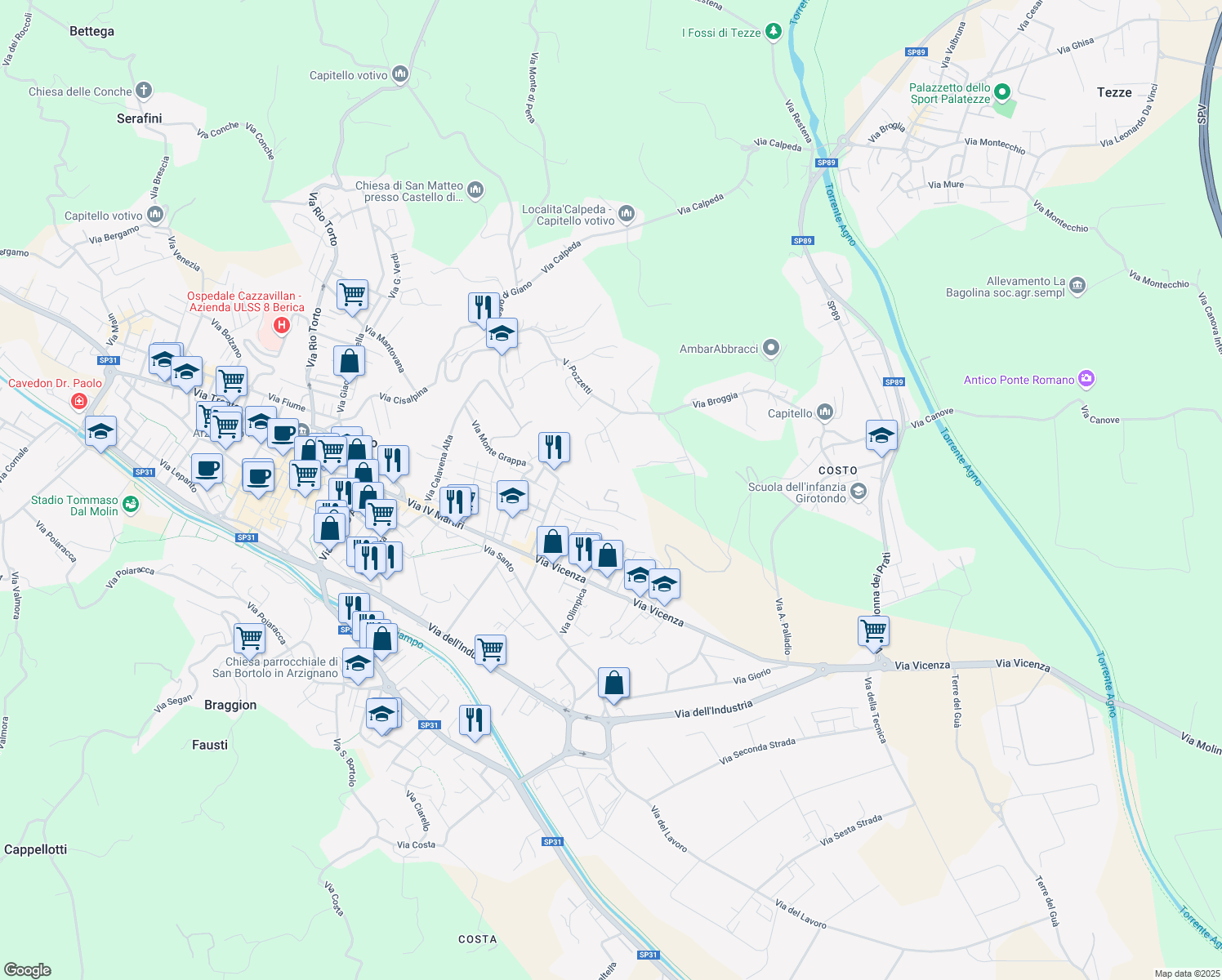 map of restaurants, bars, coffee shops, grocery stores, and more near 17 Via Moretto in Arzignano