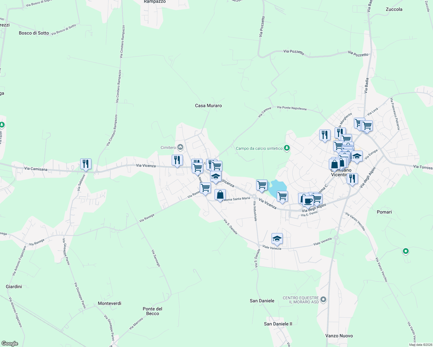 map of restaurants, bars, coffee shops, grocery stores, and more near 52 Via Vicenza in Camisano Vicentino