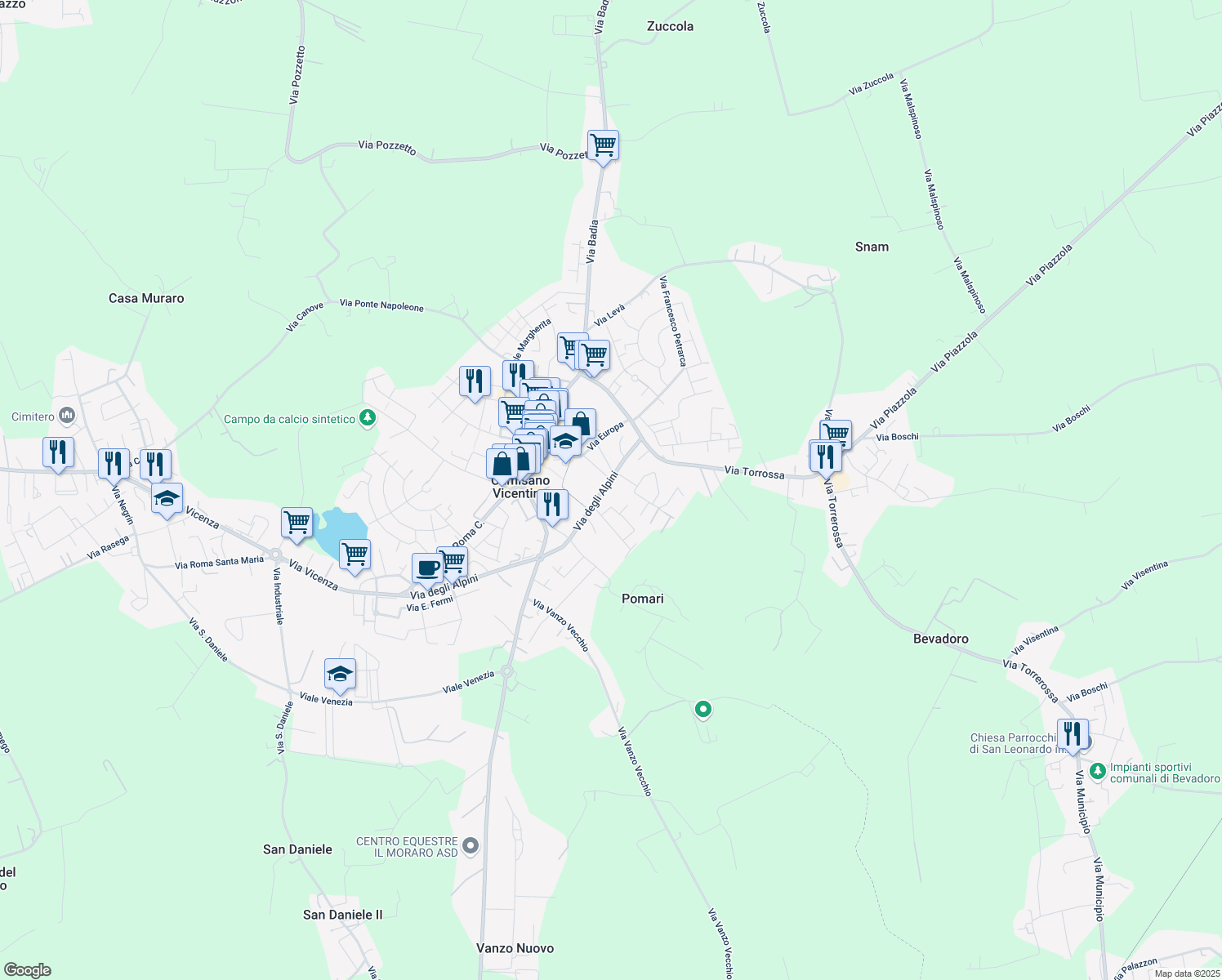 map of restaurants, bars, coffee shops, grocery stores, and more near 99 Via degli Alpini in Camisano Vicentino