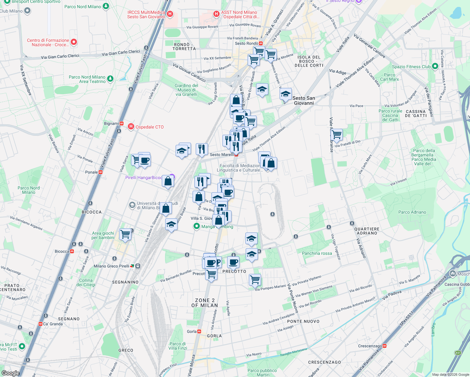 map of restaurants, bars, coffee shops, grocery stores, and more near 7 Viale Monza in Milano