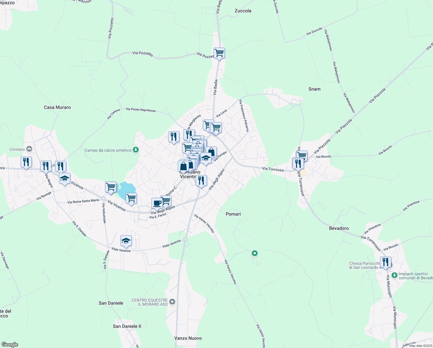 map of restaurants, bars, coffee shops, grocery stores, and more near 99 Via degli Alpini in Camisano Vicentino