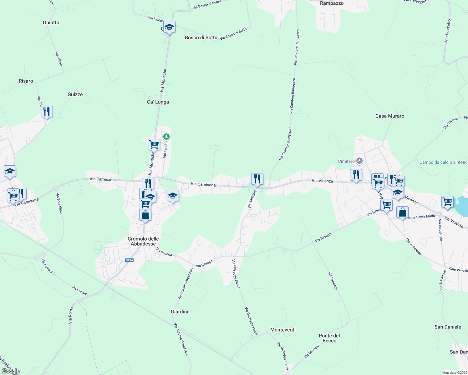 map of restaurants, bars, coffee shops, grocery stores, and more near 84 Via Camisana in Grumolo delle Abbadesse