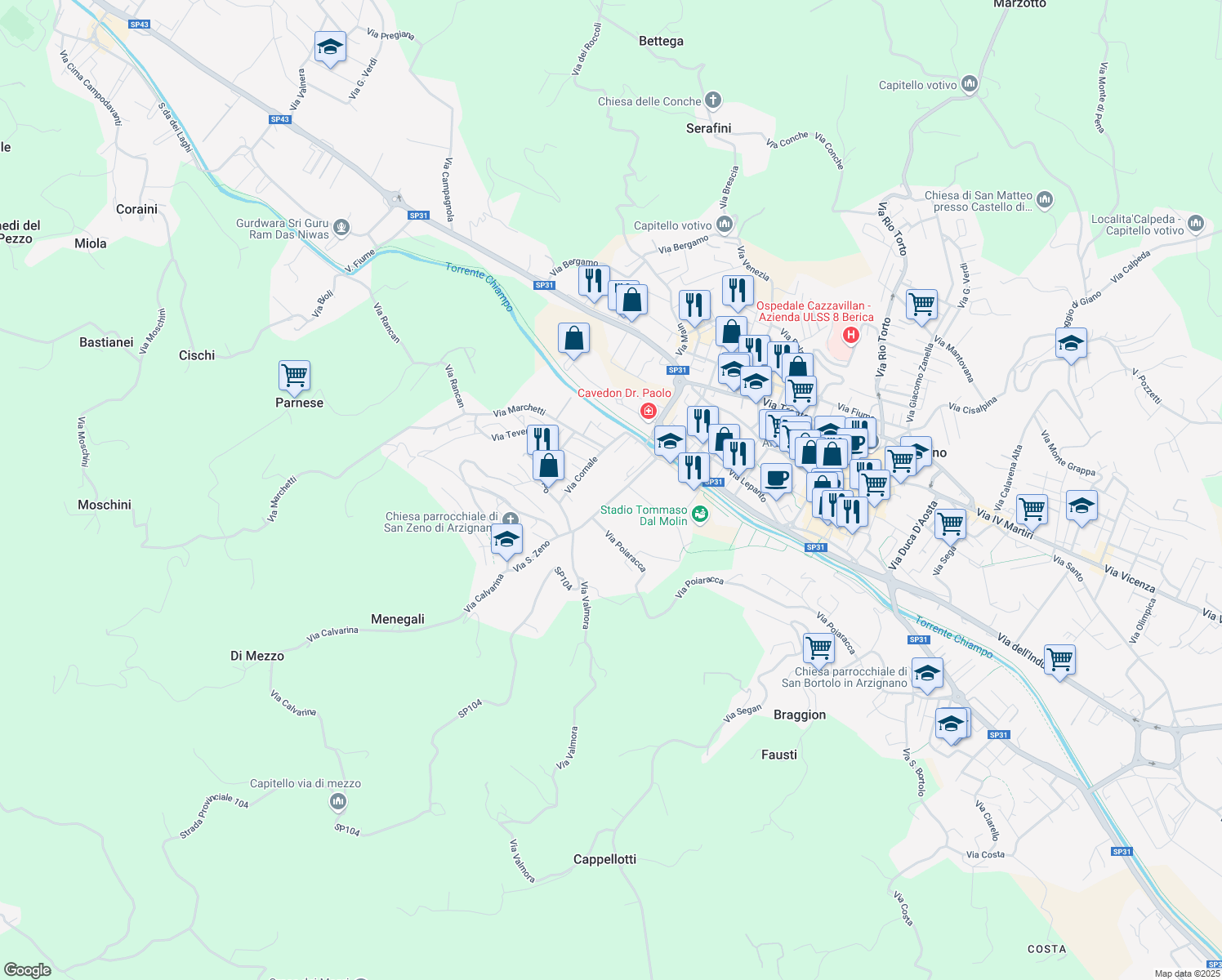 map of restaurants, bars, coffee shops, grocery stores, and more near 2d Via San Zeno in Provincia di Vicenza
