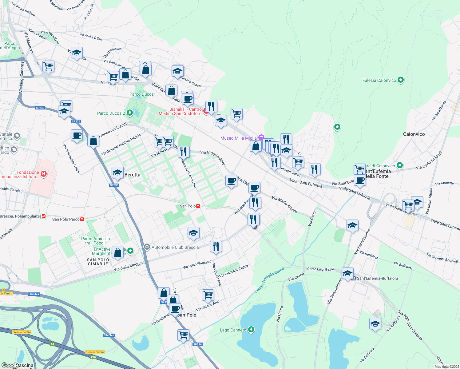 map of restaurants, bars, coffee shops, grocery stores, and more near 105 Via Antonio Allegri in Brescia