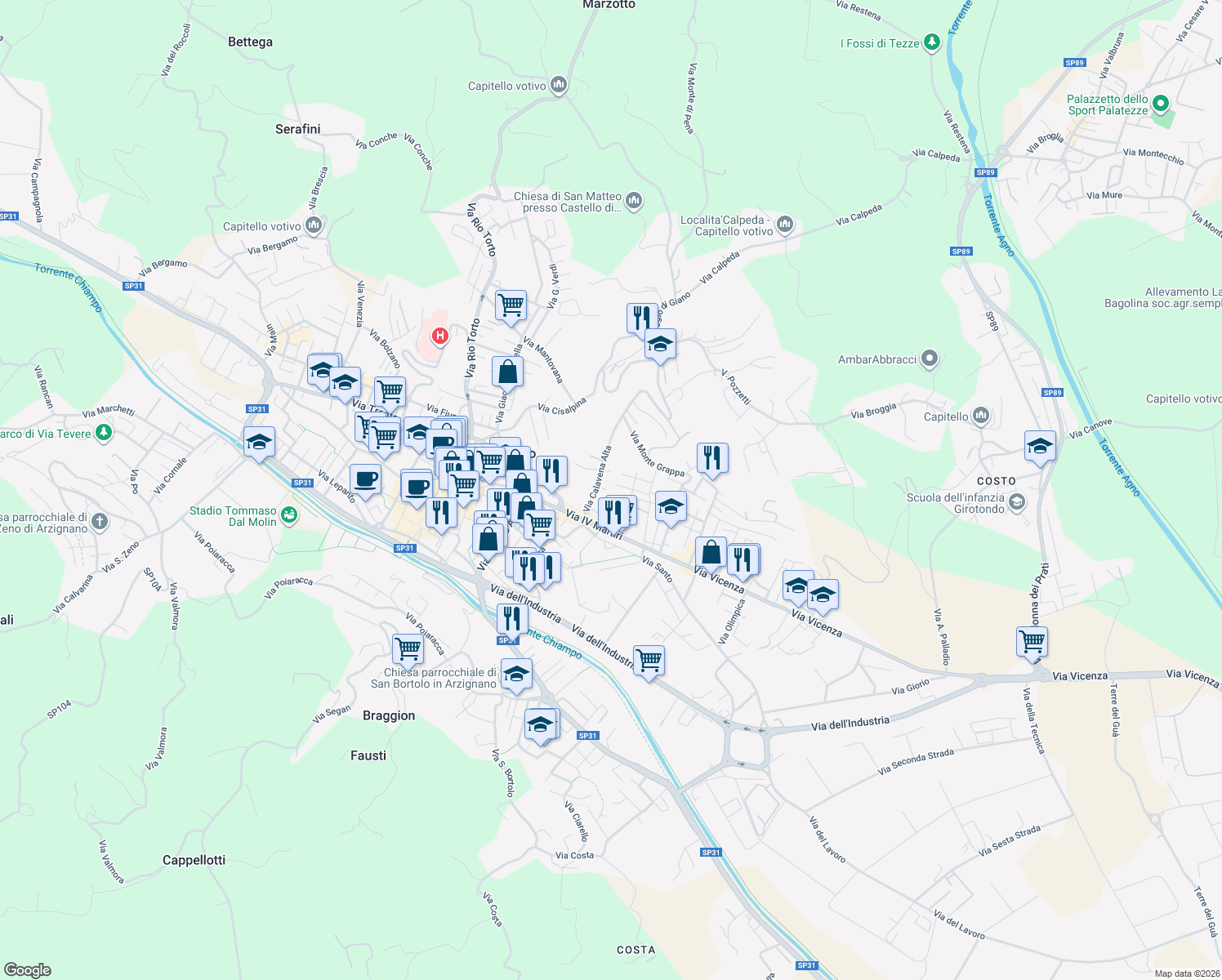 map of restaurants, bars, coffee shops, grocery stores, and more near 9 Via Francesco Crispi in Arzignano