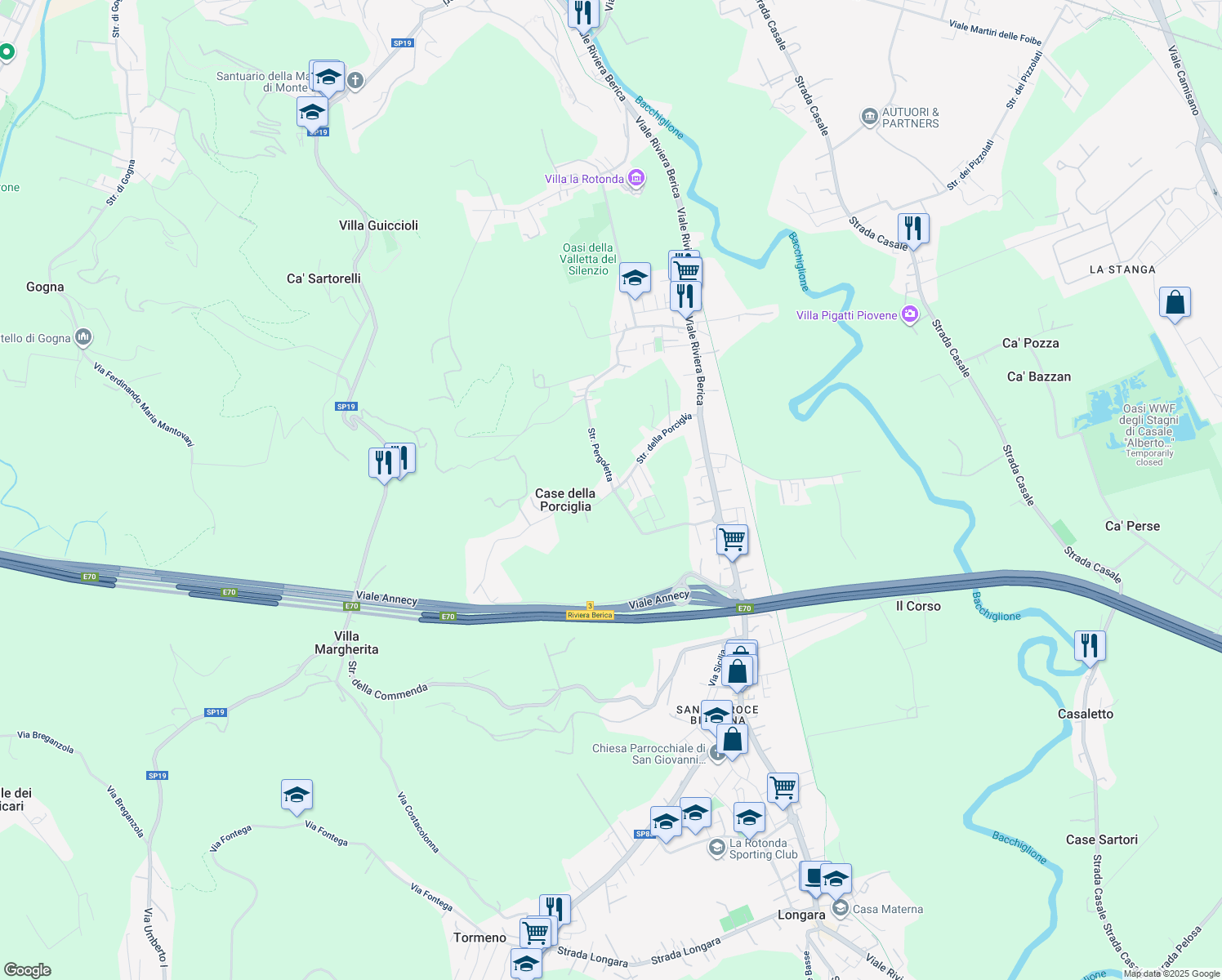 map of restaurants, bars, coffee shops, grocery stores, and more near 80 Strada della Porciglia in Vicenza