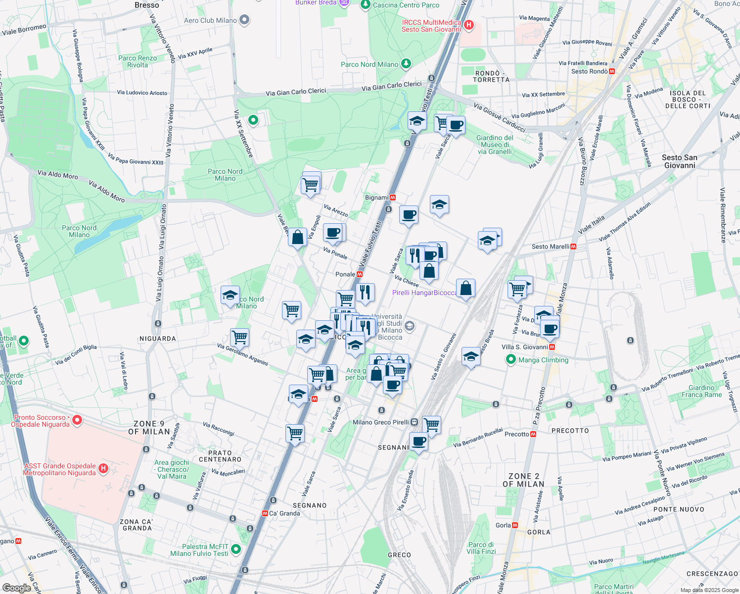 map of restaurants, bars, coffee shops, grocery stores, and more near 234 Viale Fulvio Testi in Milano