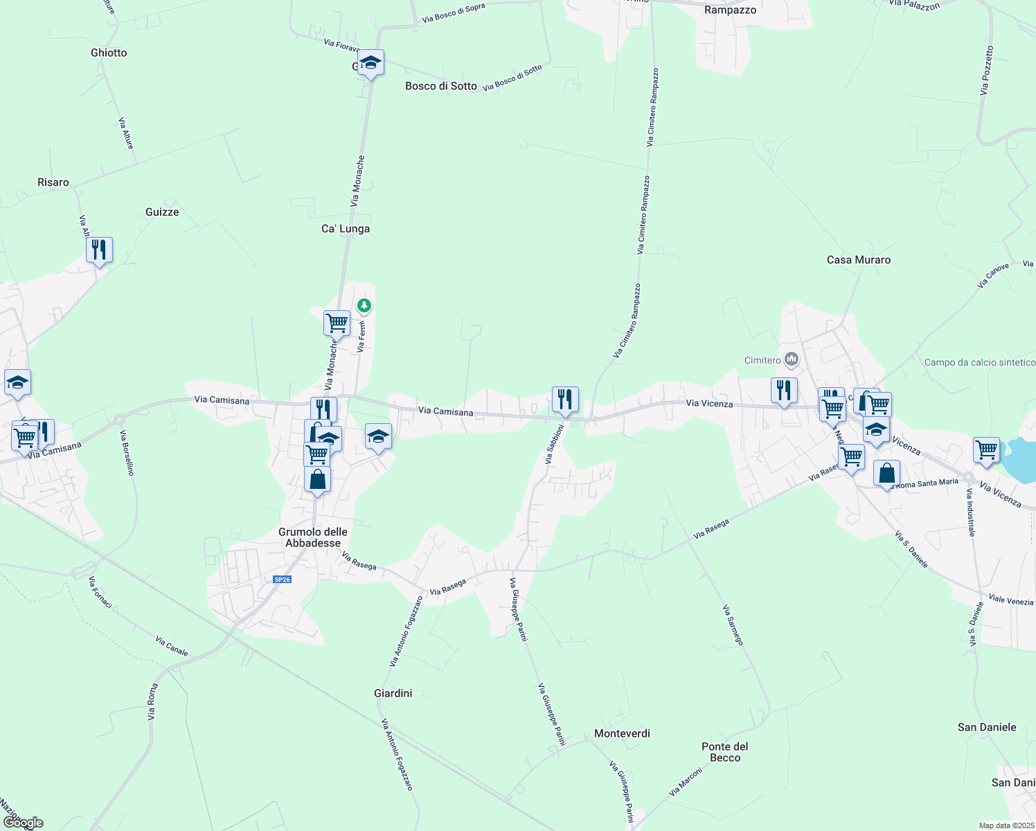 map of restaurants, bars, coffee shops, grocery stores, and more near 84 Via Camisana in Grumolo delle Abbadesse