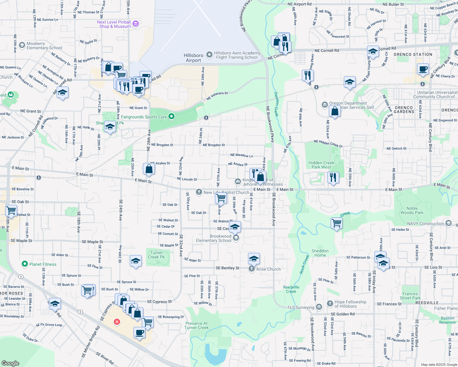 map of restaurants, bars, coffee shops, grocery stores, and more near 3810 Northeast Lincoln Street in Hillsboro