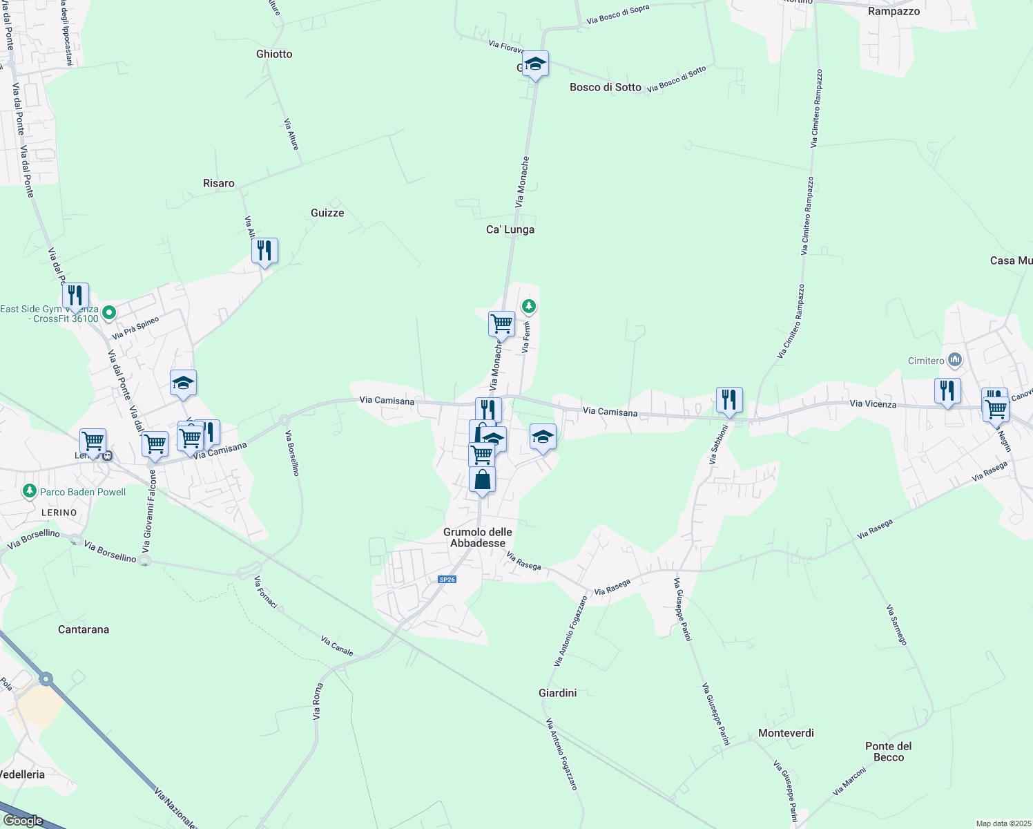 map of restaurants, bars, coffee shops, grocery stores, and more near 6 Via Santa Scolastica in Grumolo delle Abbadesse
