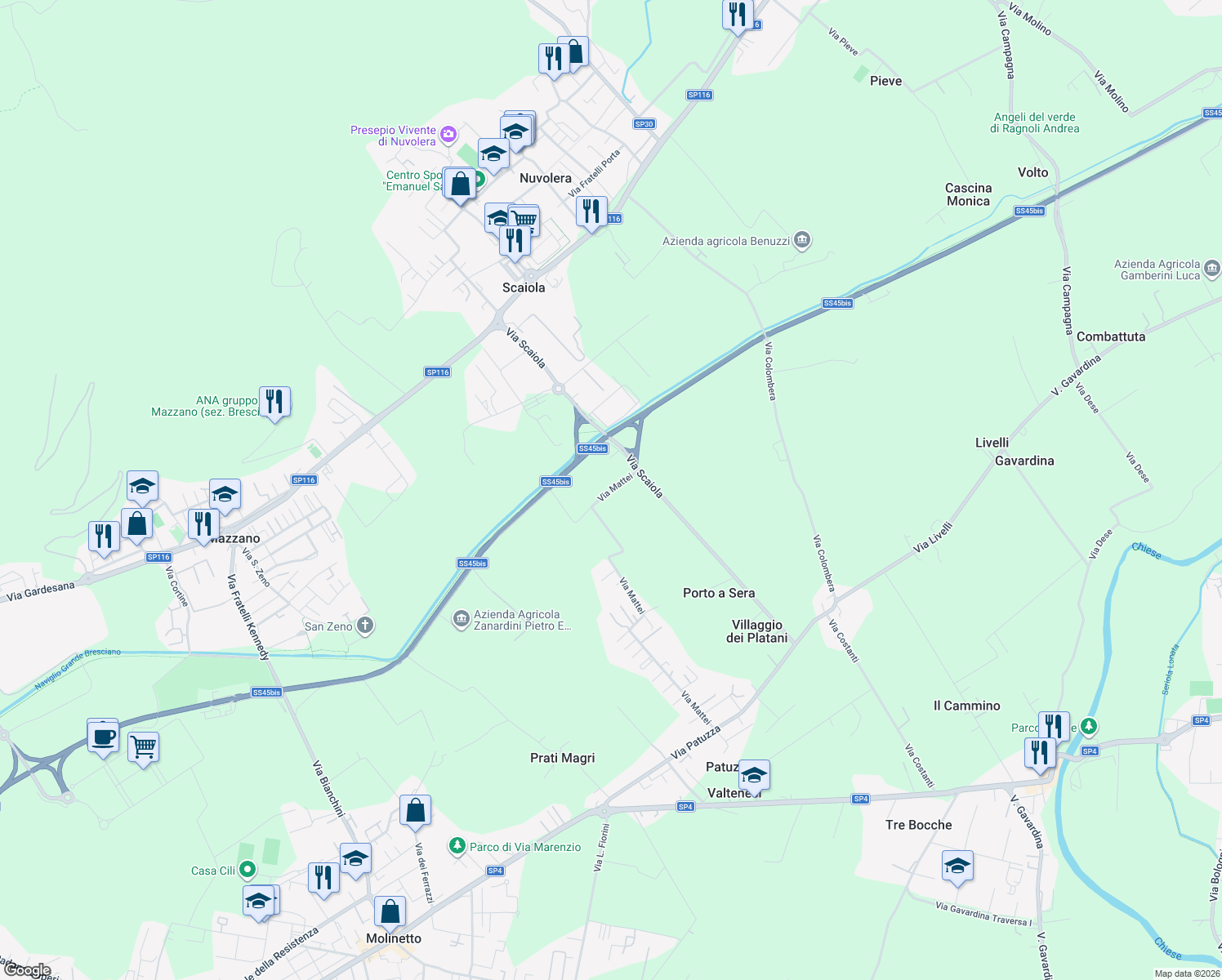 map of restaurants, bars, coffee shops, grocery stores, and more near 251 Via Mattei in Nuvolera