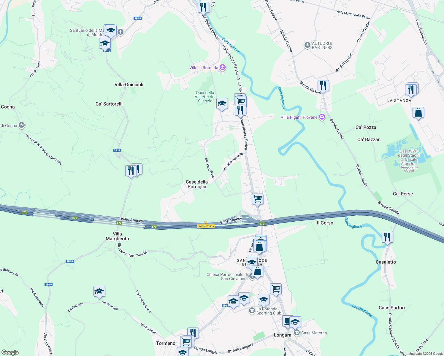 map of restaurants, bars, coffee shops, grocery stores, and more near 21 Via Lipari in Vicenza