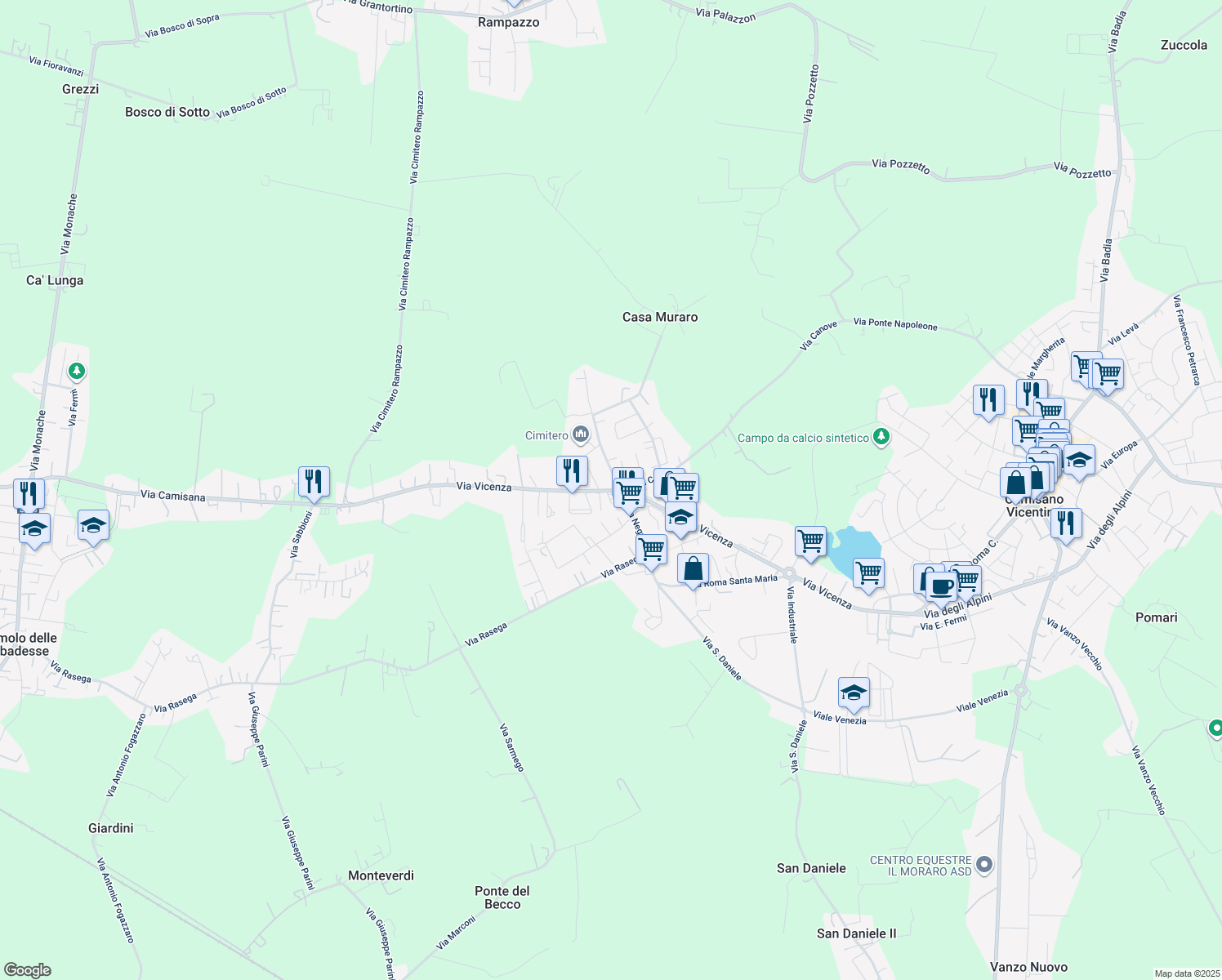 map of restaurants, bars, coffee shops, grocery stores, and more near 45 Via Vicenza in Camisano Vicentino