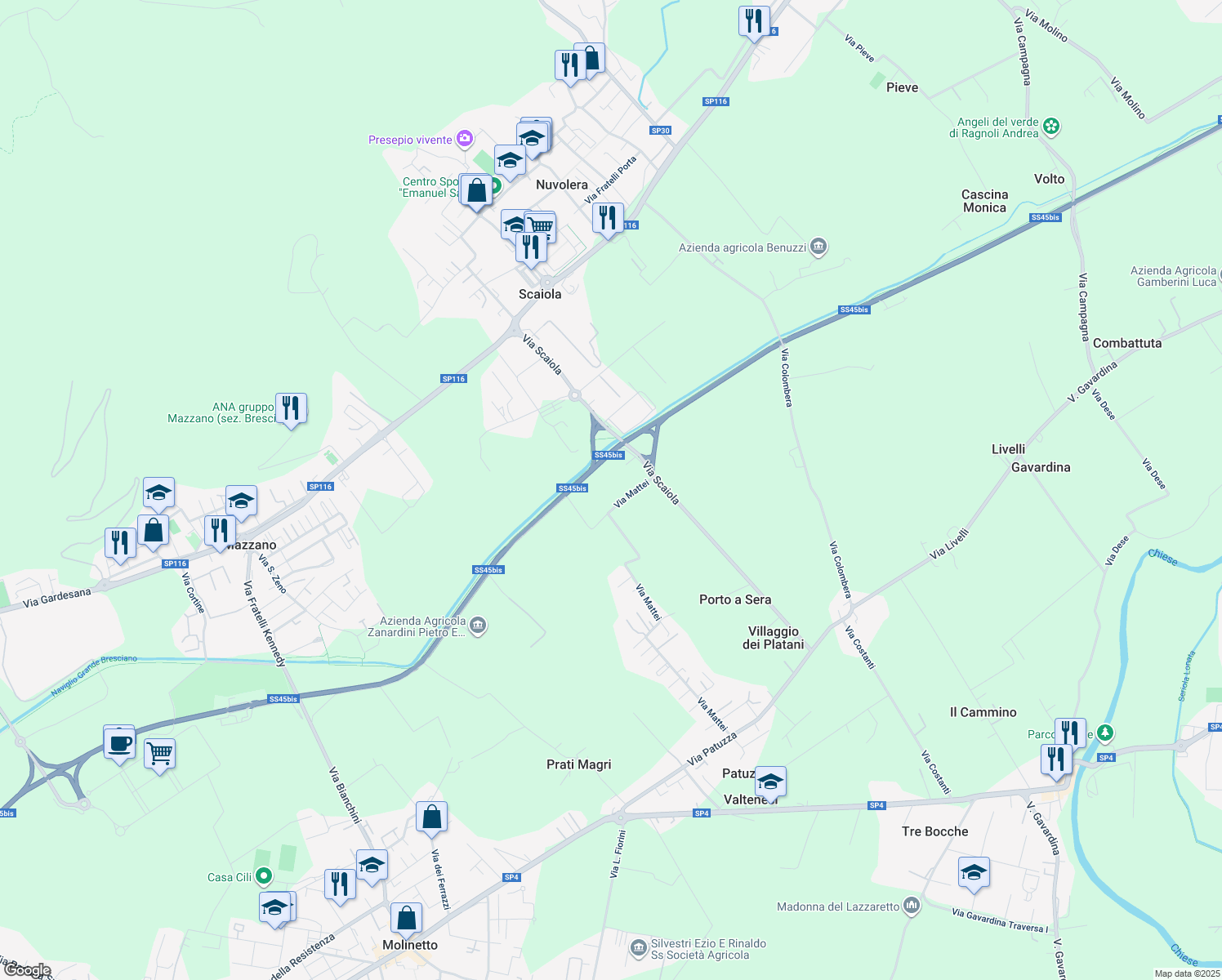 map of restaurants, bars, coffee shops, grocery stores, and more near 251 Via Mattei in Nuvolera