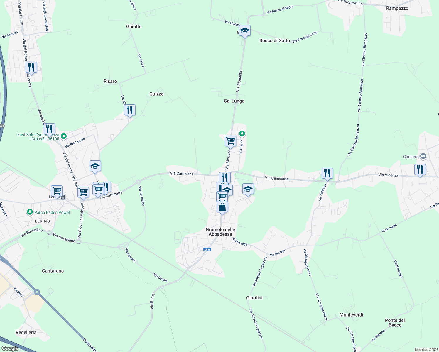 map of restaurants, bars, coffee shops, grocery stores, and more near 60 Via Camisana in Grumolo delle Abbadesse