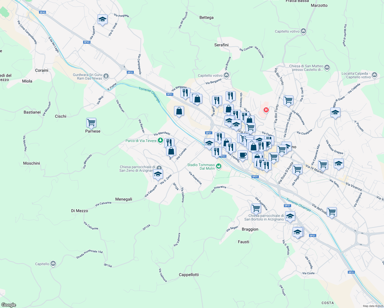 map of restaurants, bars, coffee shops, grocery stores, and more near 2d Via San Zeno in Provincia di Vicenza