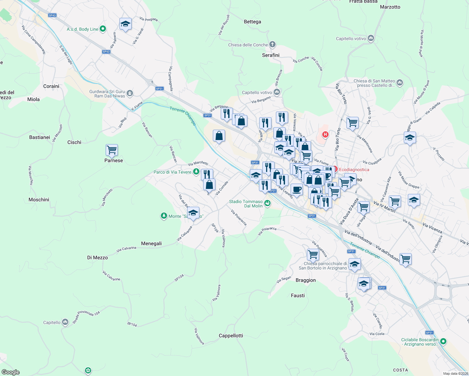 map of restaurants, bars, coffee shops, grocery stores, and more near 2d Via San Zeno in Provincia di Vicenza