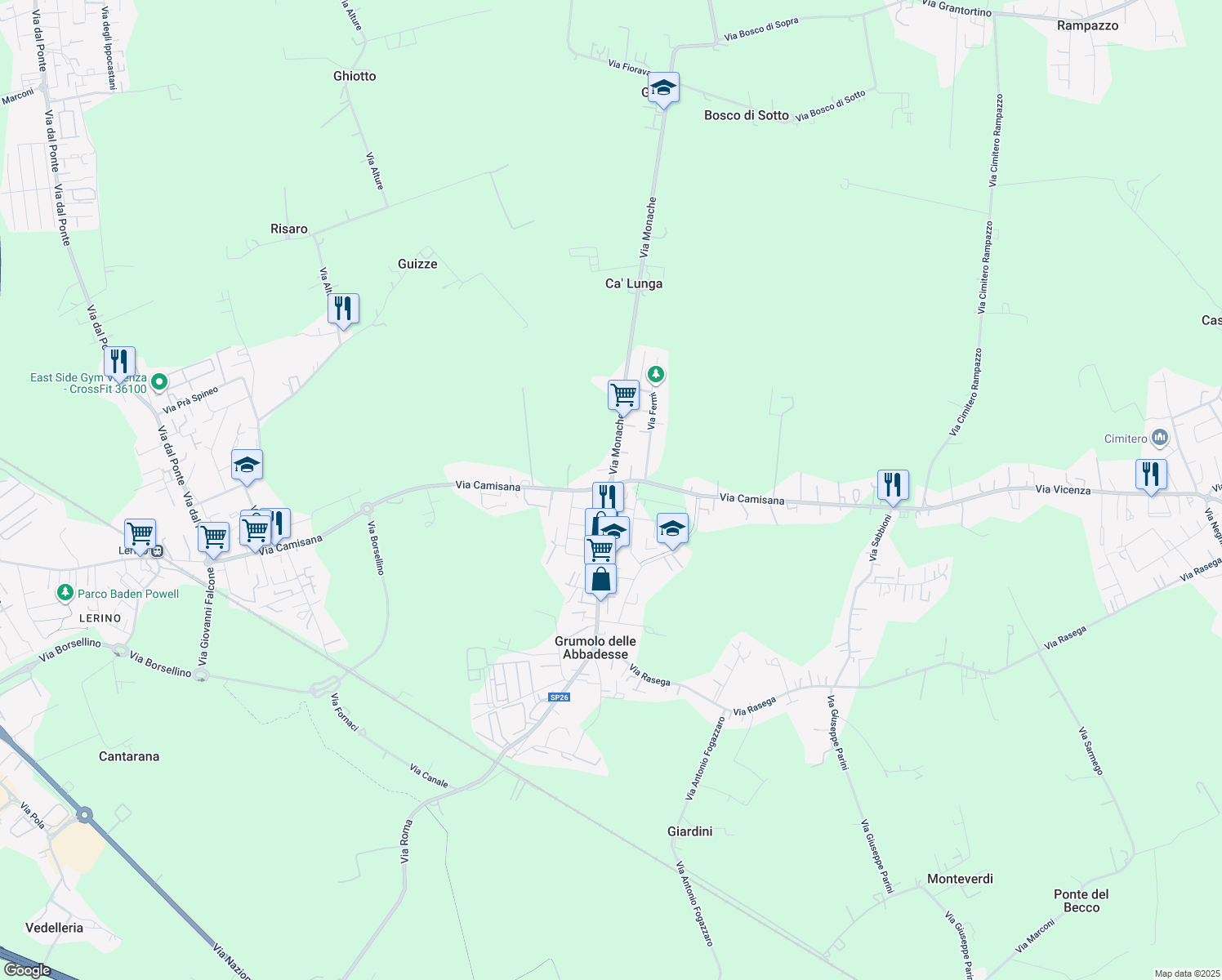 map of restaurants, bars, coffee shops, grocery stores, and more near 60 Via Camisana in Grumolo delle Abbadesse