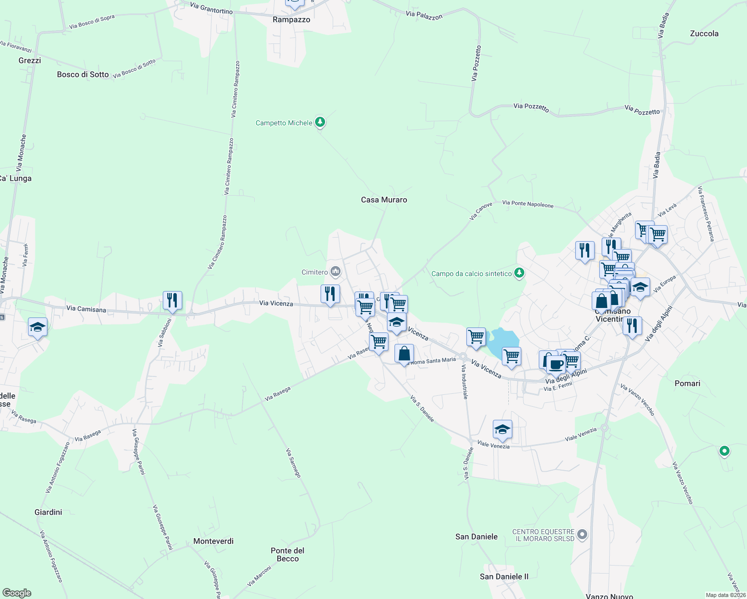 map of restaurants, bars, coffee shops, grocery stores, and more near 17 Via Gandhi in Camisano Vicentino