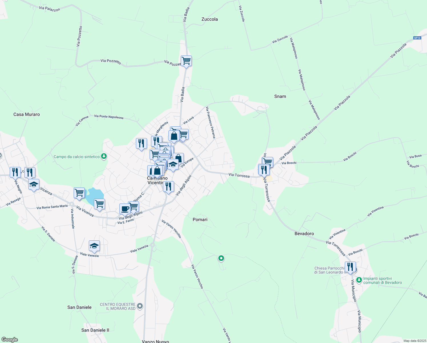 map of restaurants, bars, coffee shops, grocery stores, and more near 72 Via Filanda in Camisano Vicentino