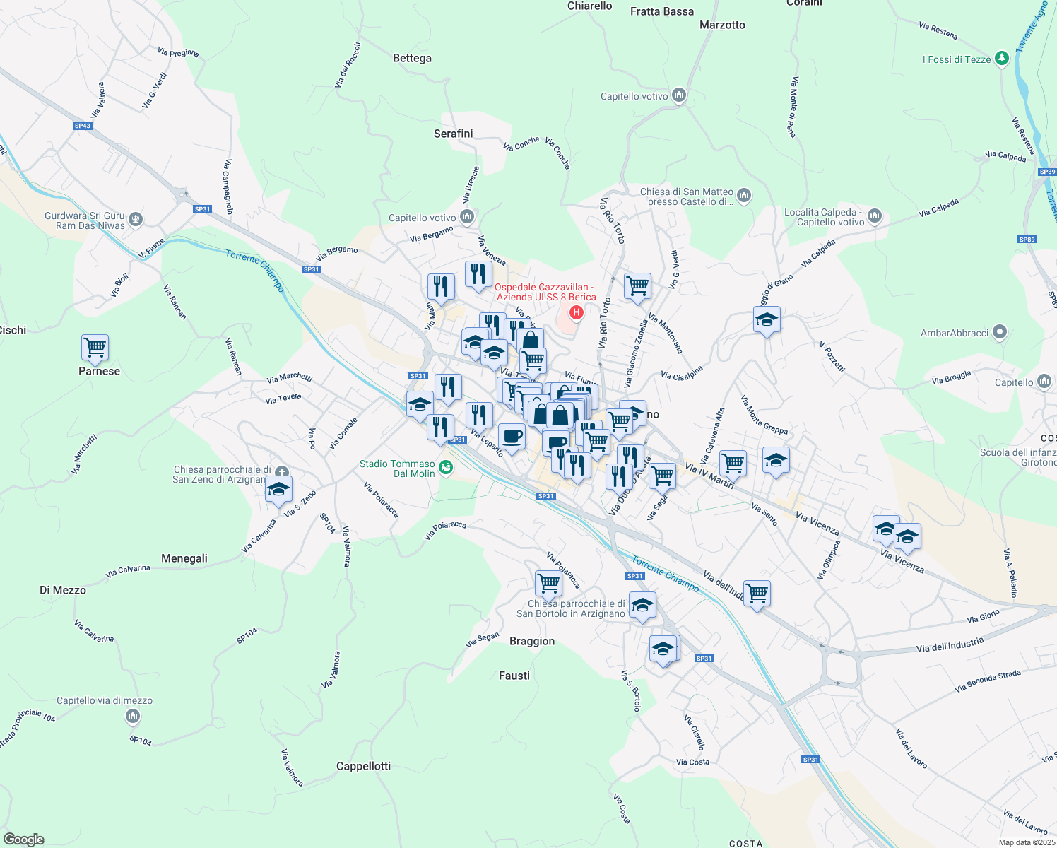 map of restaurants, bars, coffee shops, grocery stores, and more near 19 Via Trieste in Arzignano